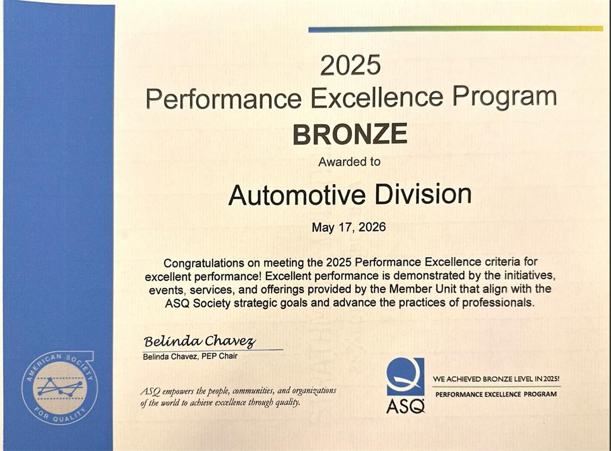 ASQ Automotive Division achieved Bronze!